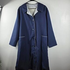 Womens Vintage Navy Blue Button Front Long Sleeve Coat XL Gray Piping Accent